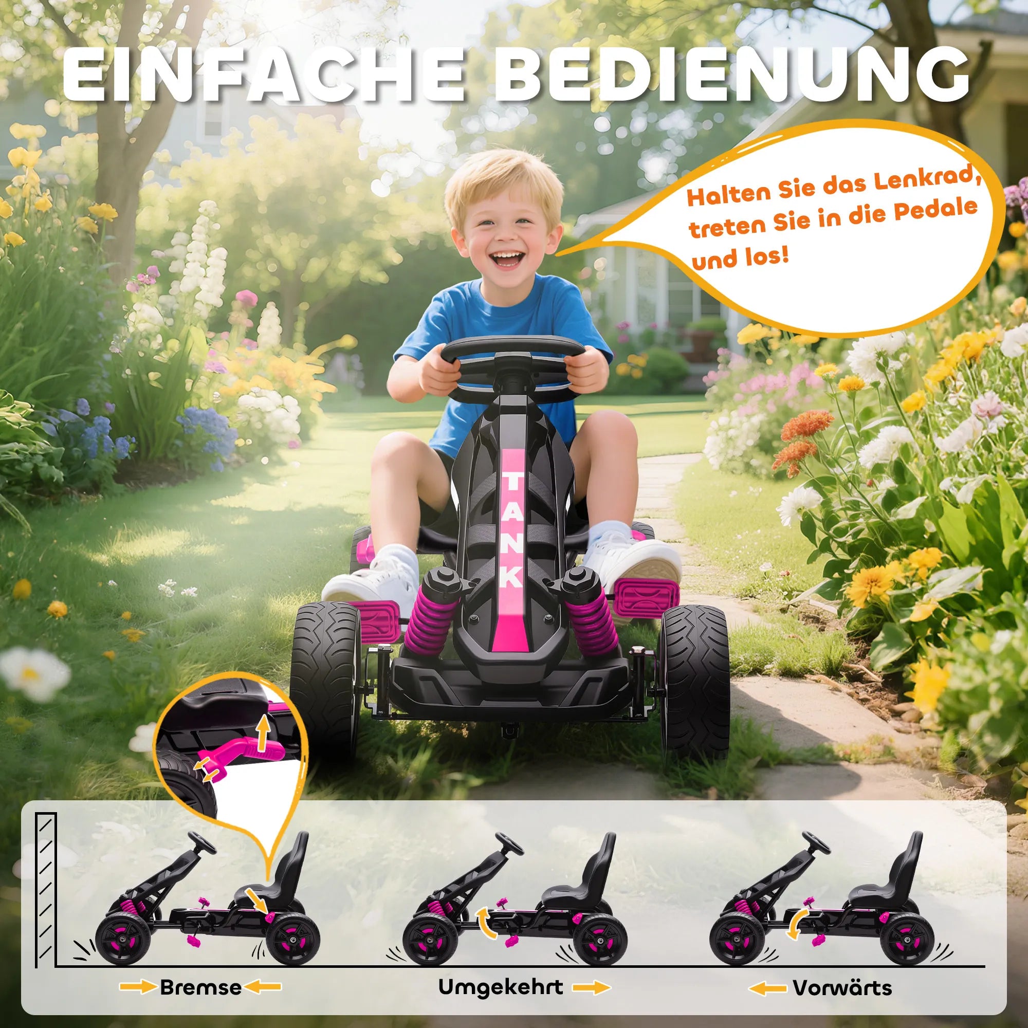 Vaikiškas gokartas su pedalais 3–6 metų vaikams, rožinis