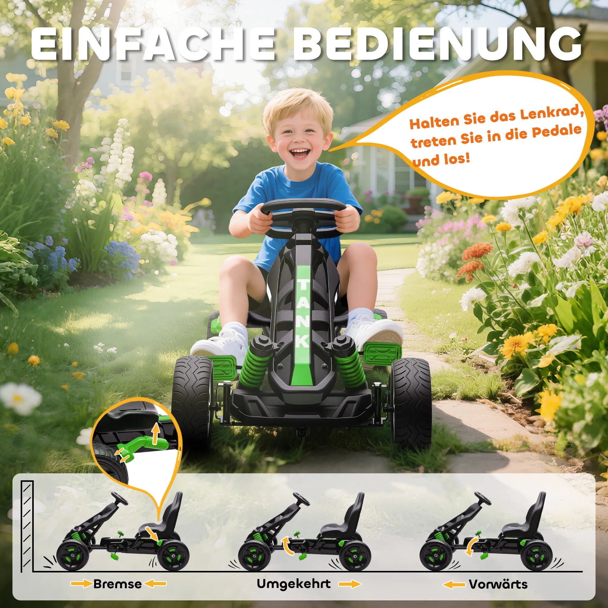 Vaikiškas gokartas su pedalais, 3–6 metų vaikams, žalias