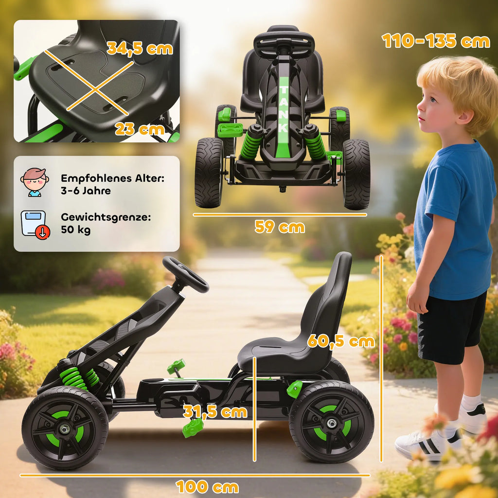 Vaikiškas gokartas su pedalais, 3–6 metų vaikams, žalias