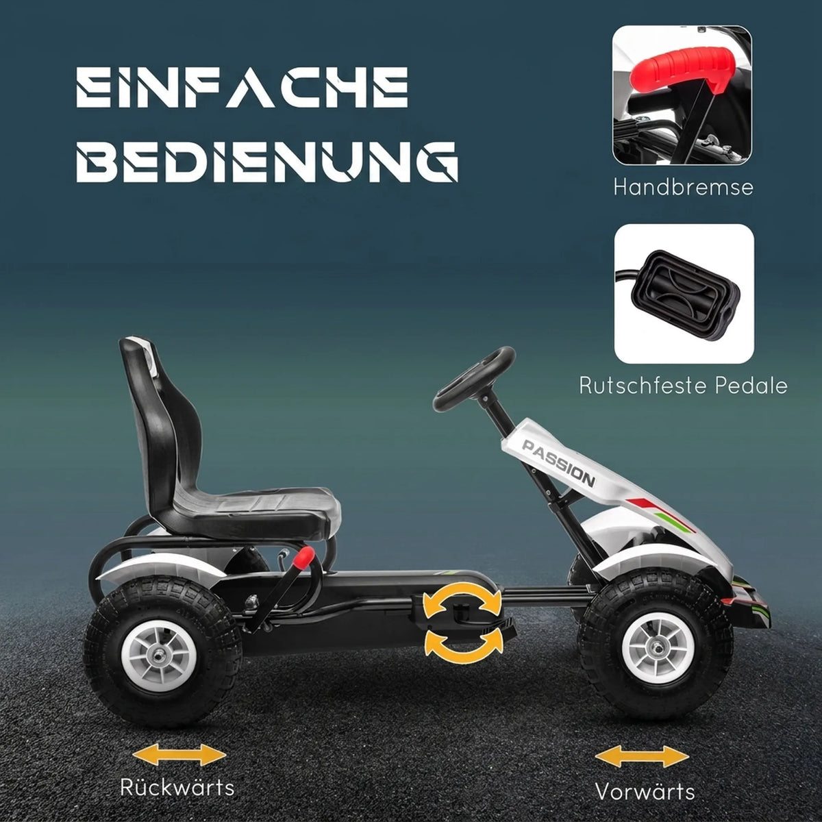 Vaikiškas gokartas su reguliuojama sėdyne, iki 50 kg, 5–12 metų vaikams, baltas