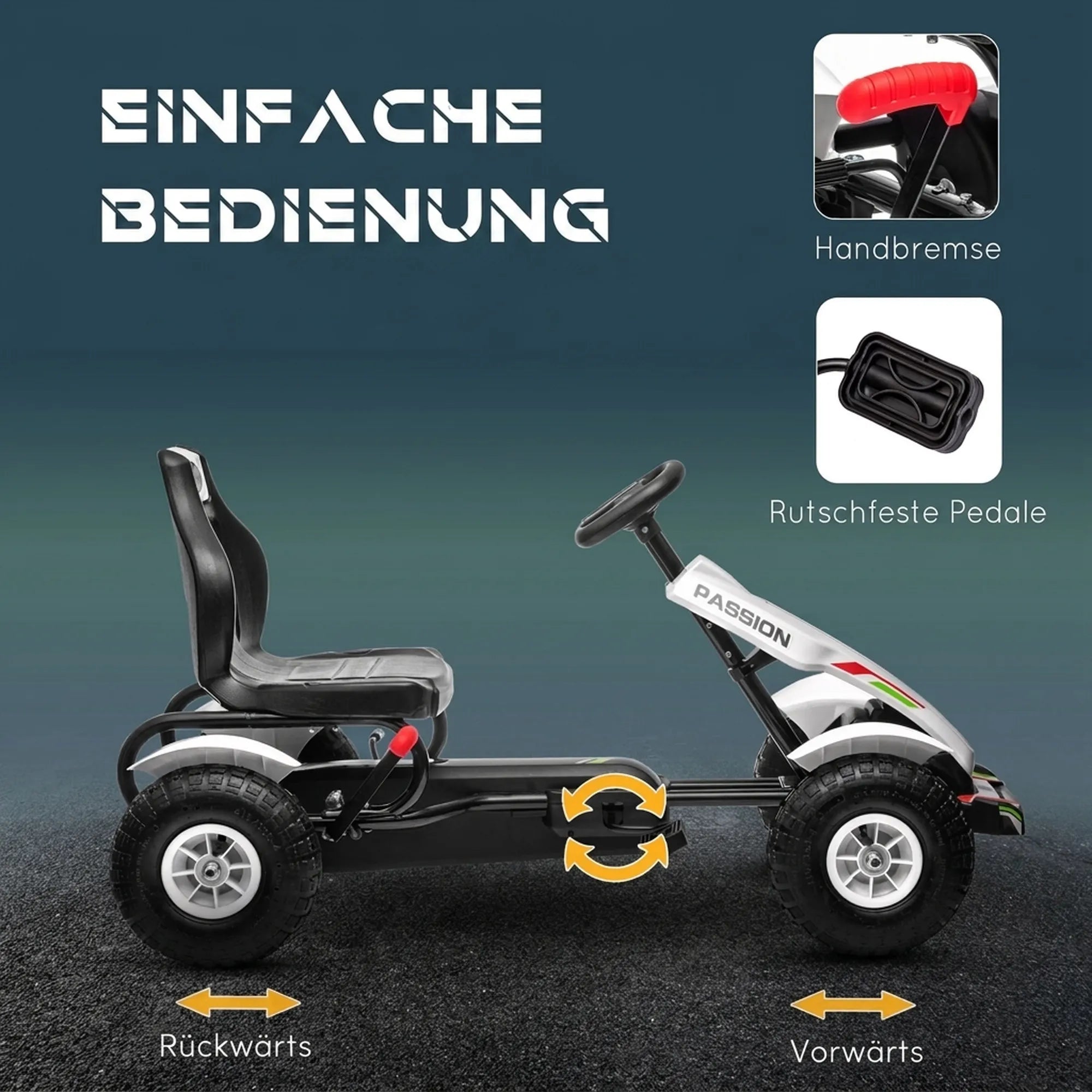 Vaikiškas gokartas su reguliuojama sėdyne, iki 50 kg, 5–12 metų vaikams, baltas