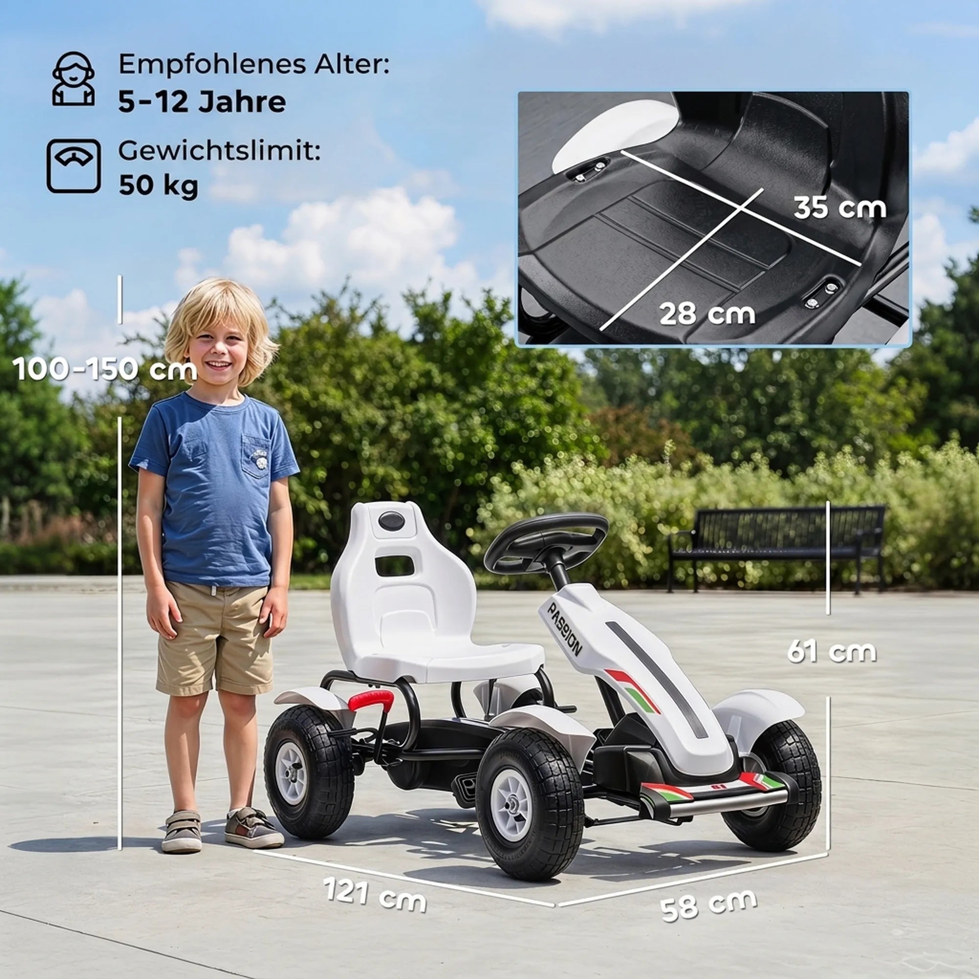 Vaikiškas gokartas su reguliuojama sėdyne, iki 50 kg, 5–12 metų vaikams, baltas