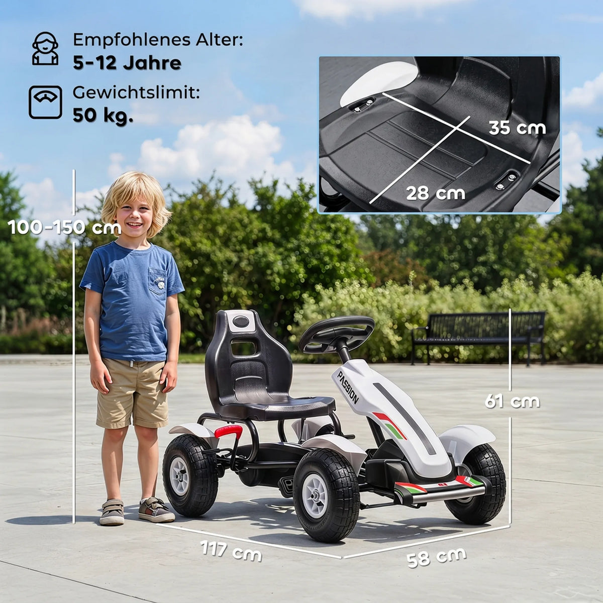 Vaikiškas gokartas su reguliuojama sėdyne, iki 50 kg, 5–12 metų vaikams, baltas