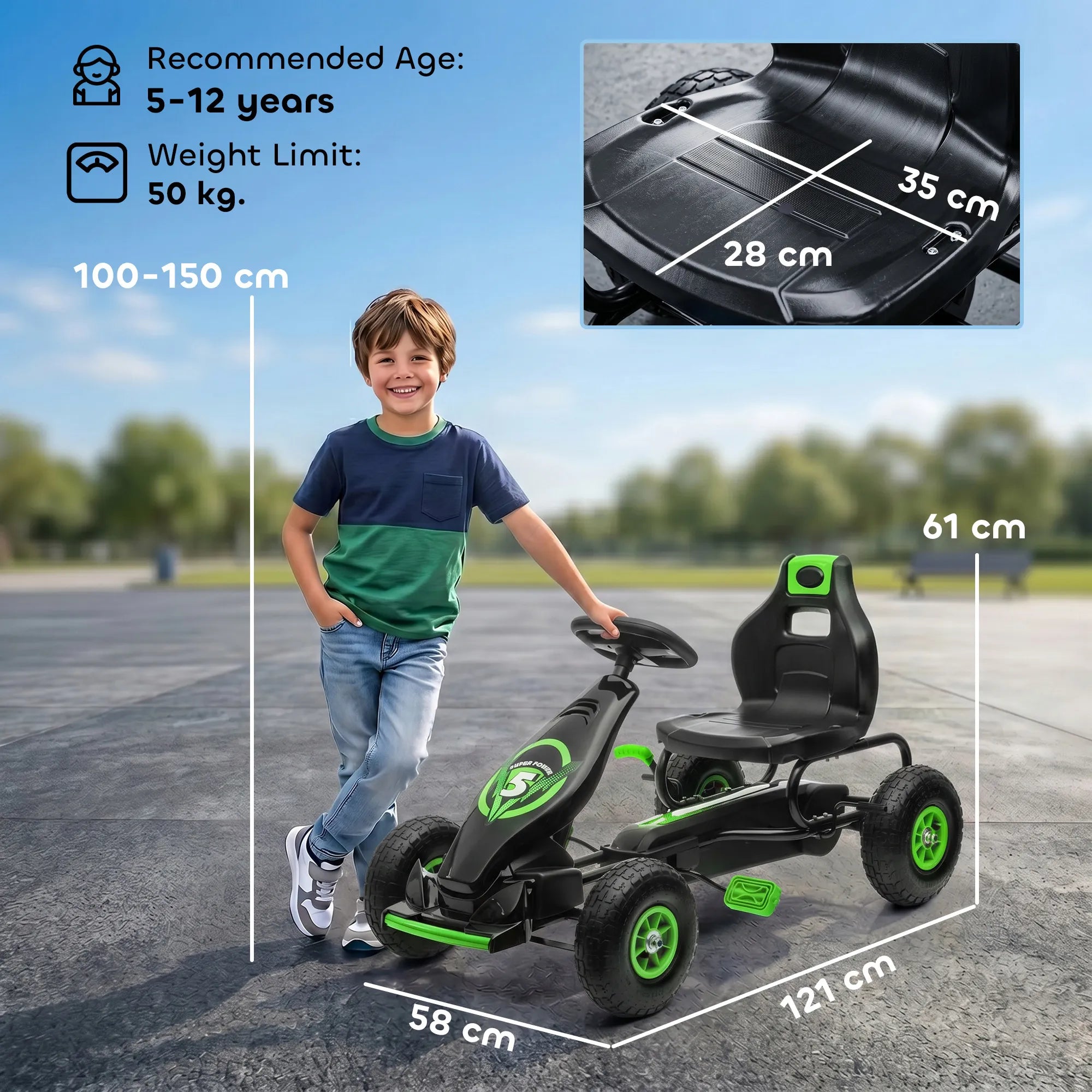 Vaikiškas kartingas su reguliuojama sėdyne, 5–12 metų vaikams, žalias