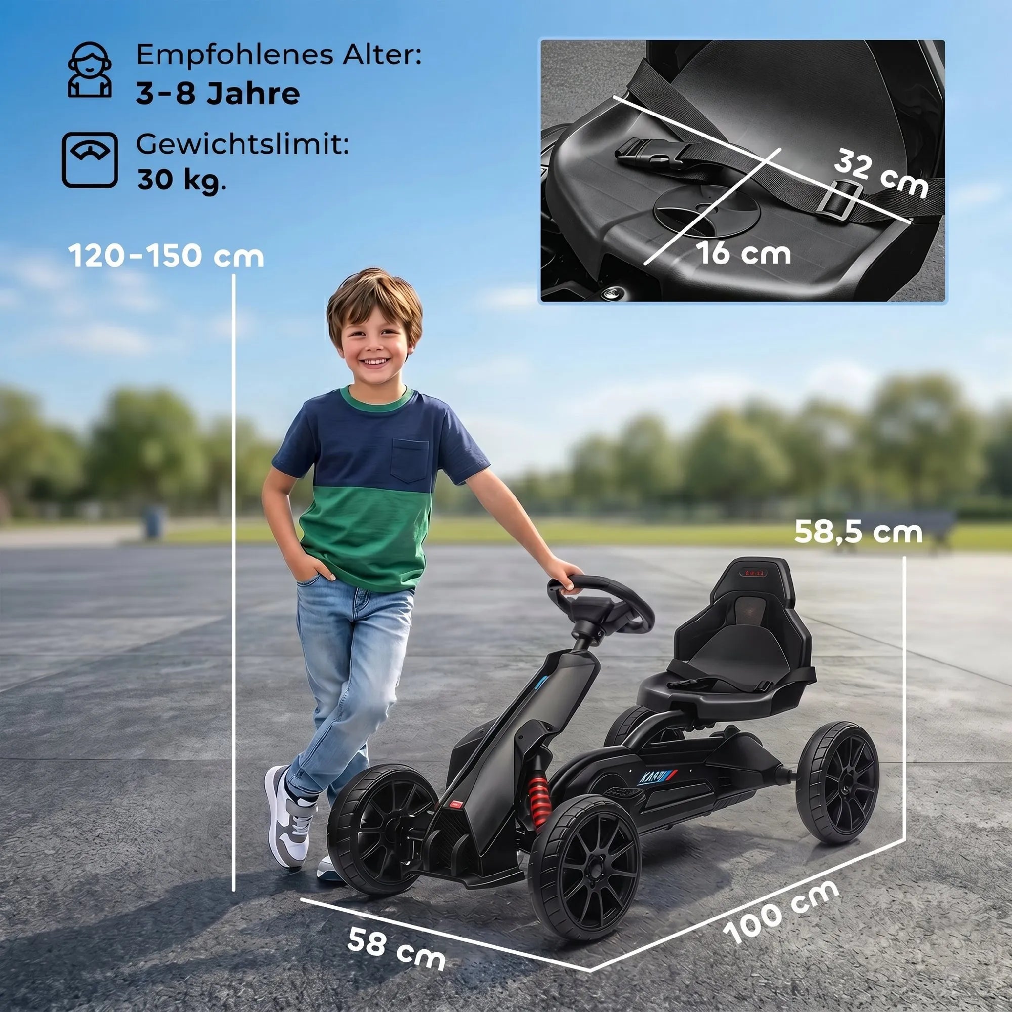 Vaikiškas kartingas su reguliuojama sėdyne, nuo 3-8 metų, juodas