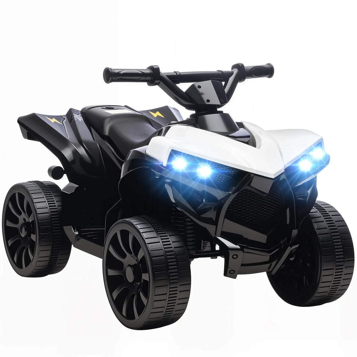 Vaikiškas keturratis elektrinis 6V, iki 25 kg, su muzika ir LED šviesomis, baltas