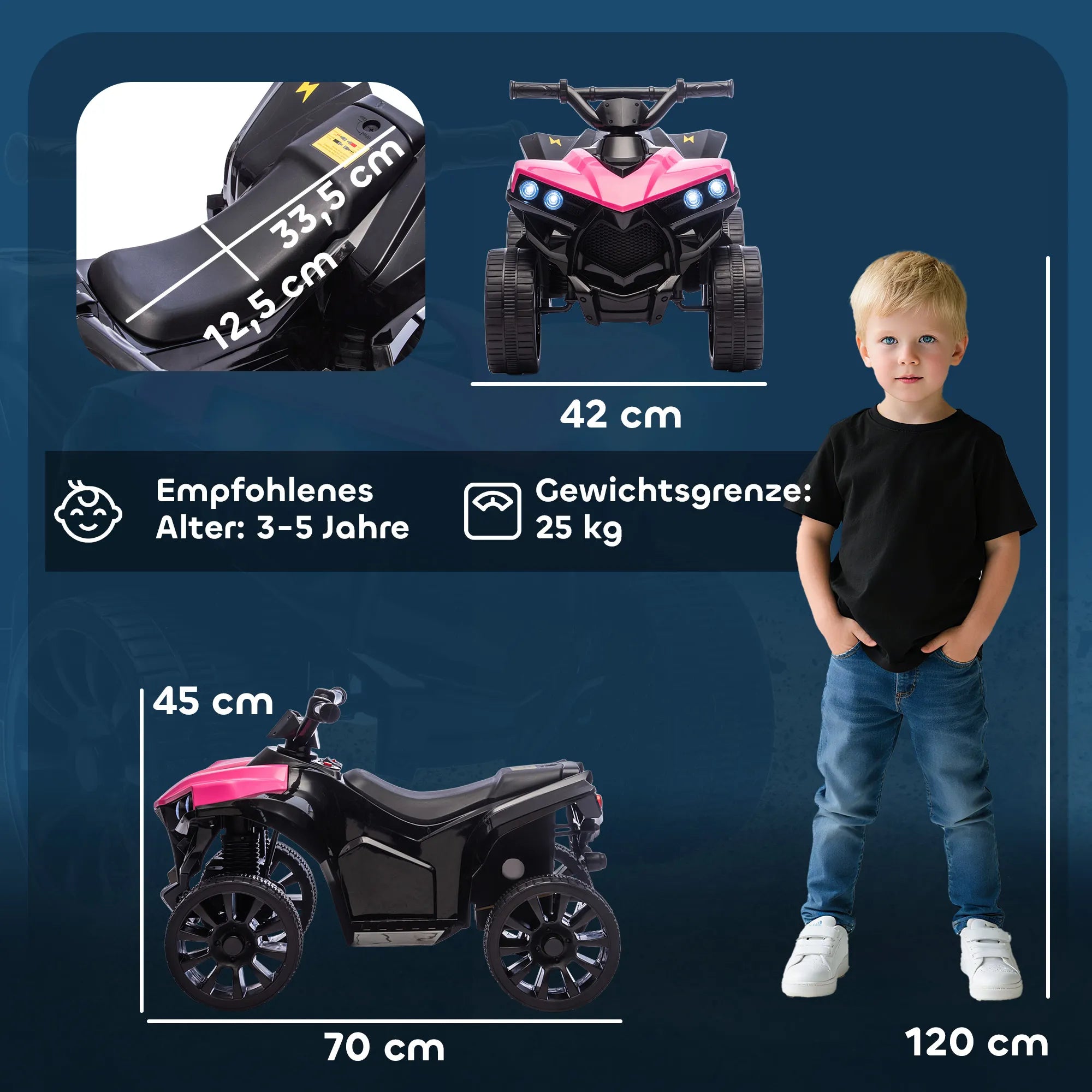 Vaikiškas keturratis elektrinis 6V su muzika ir LED žibintais, rožinis