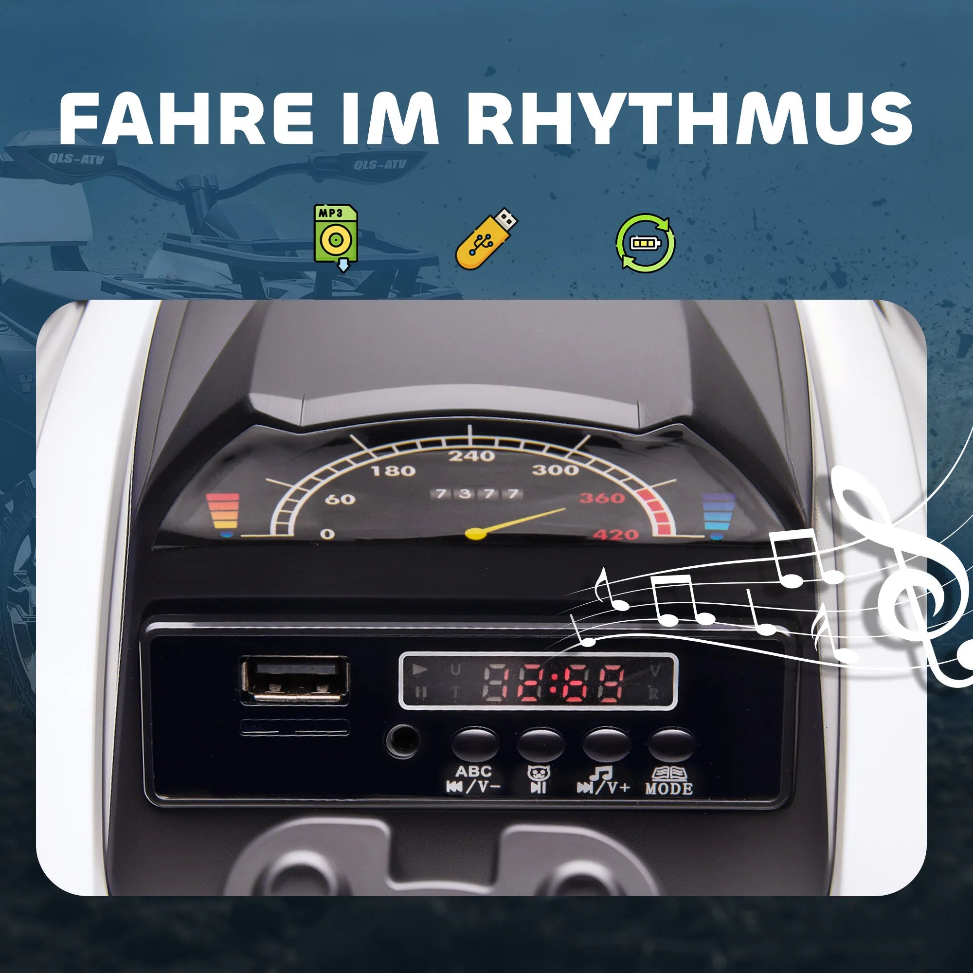 Vaikiškas keturratis elektrinis, su muzikos grotuvu, iki 30 kg, 3-8 km/h