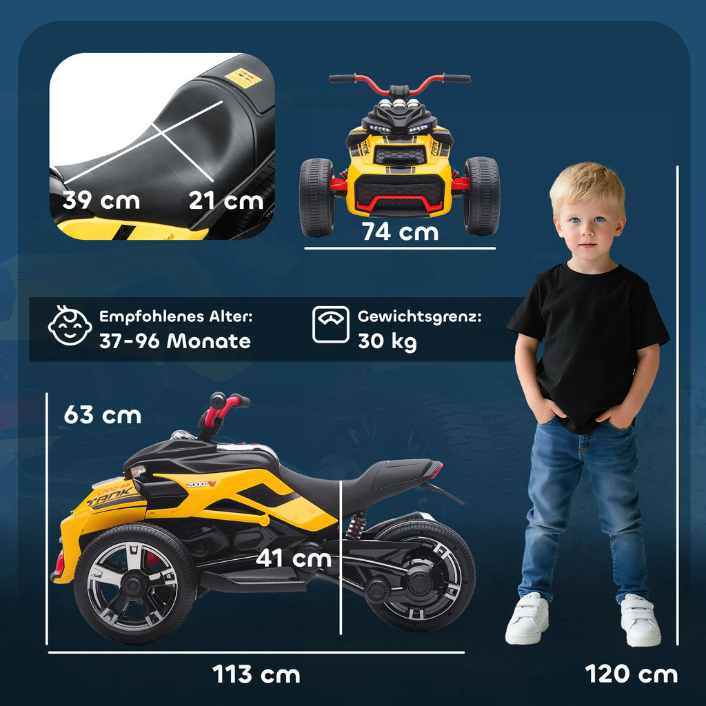 Vaikiškas keturratis elektromobilis, 3–8 metų vaikams, geltonas