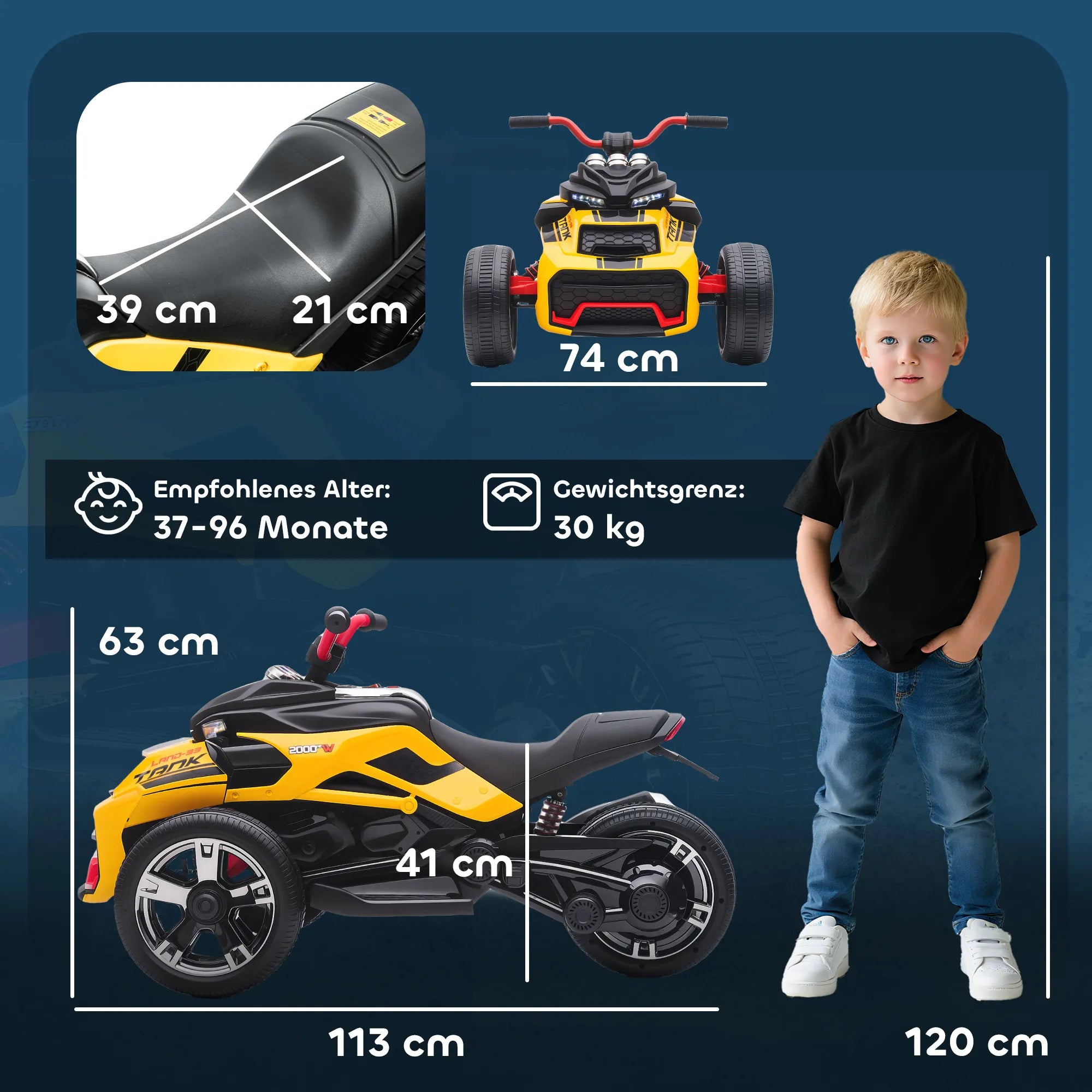 Vaikiškas keturratis elektromobilis, 3–8 metų vaikams, geltonas