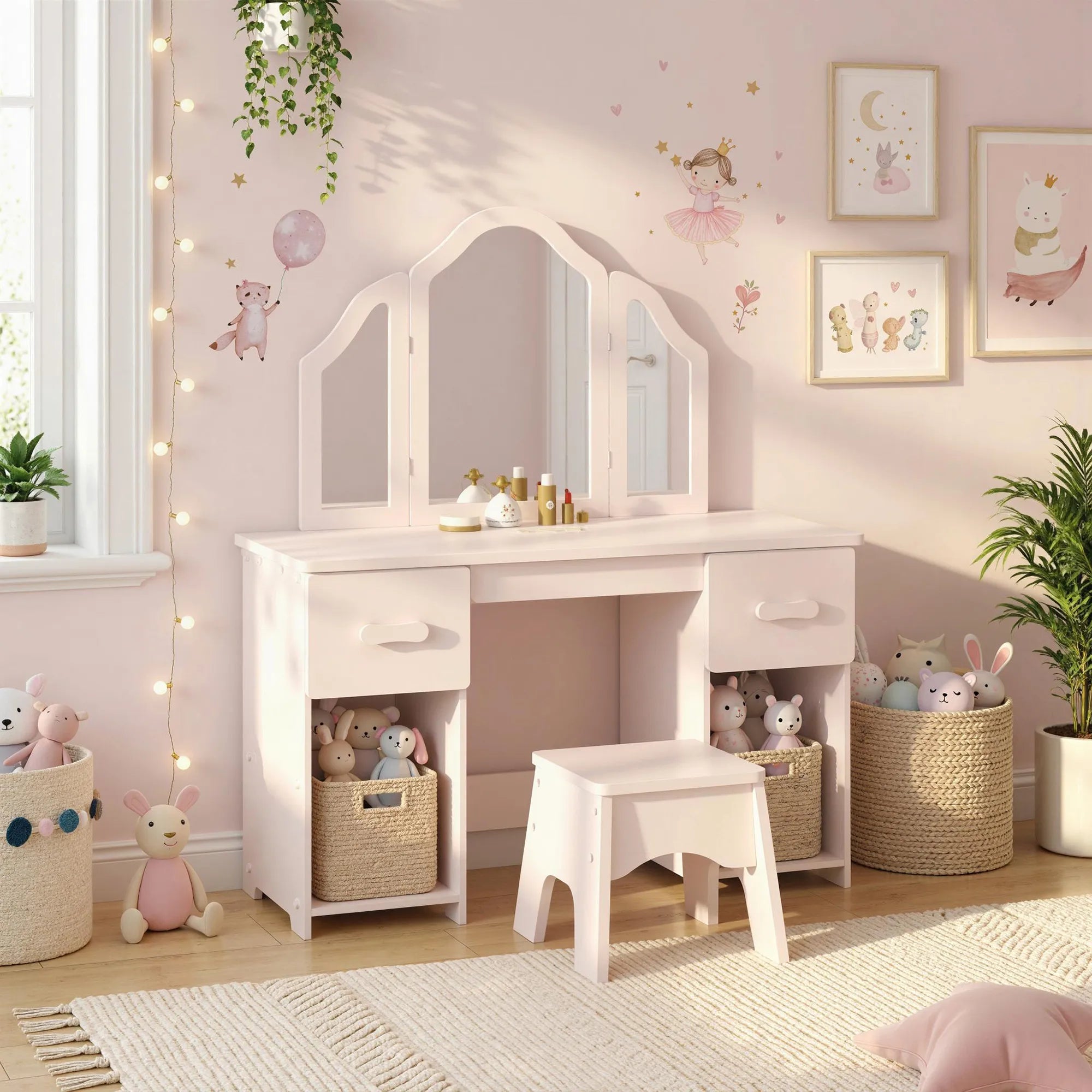 Vaikiškas kosmetinis staliukas su kėdute, 2-in-1, 3–6 m., rožinis