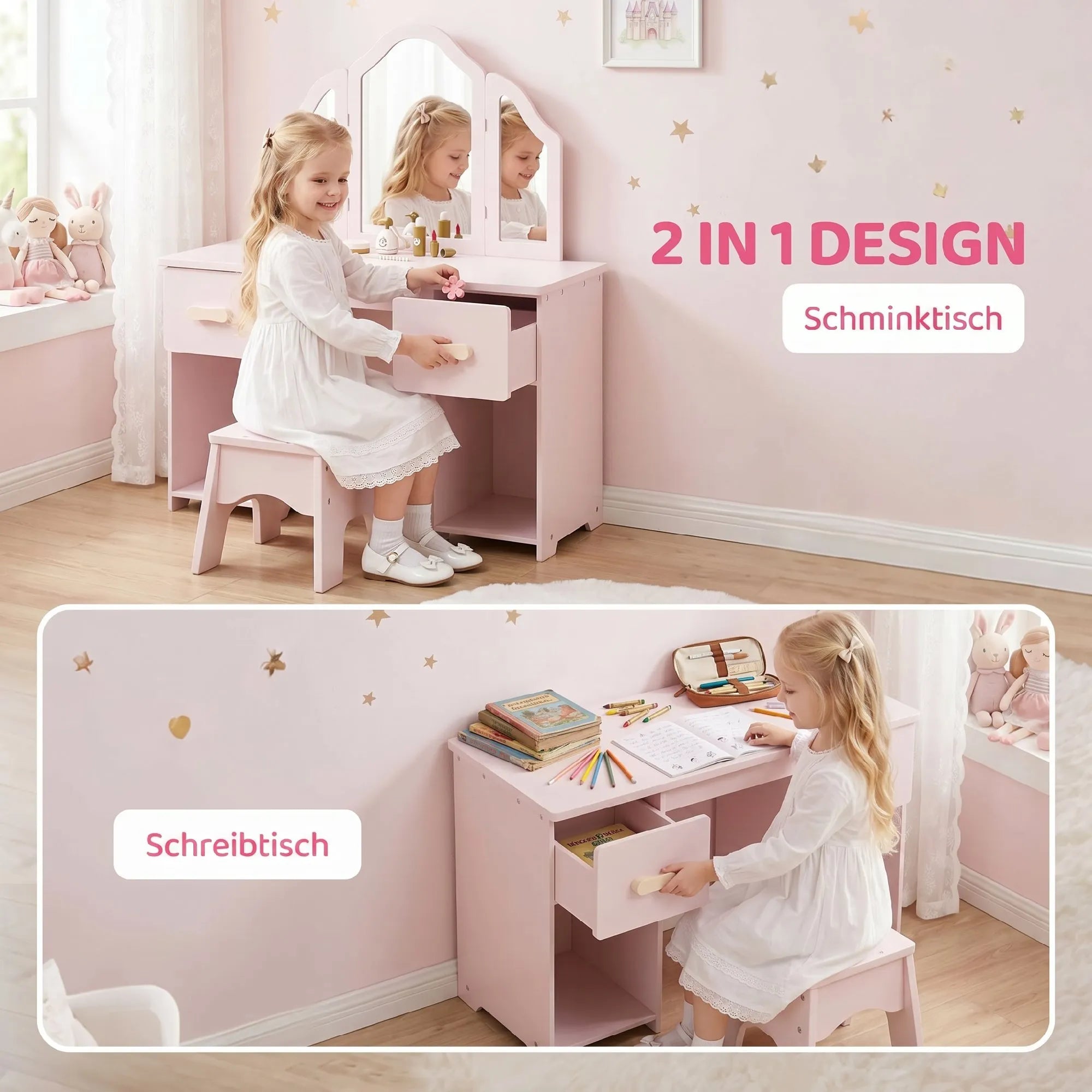 Vaikiškas kosmetinis staliukas su kėdute, 2-in-1, 3–6 m., rožinis