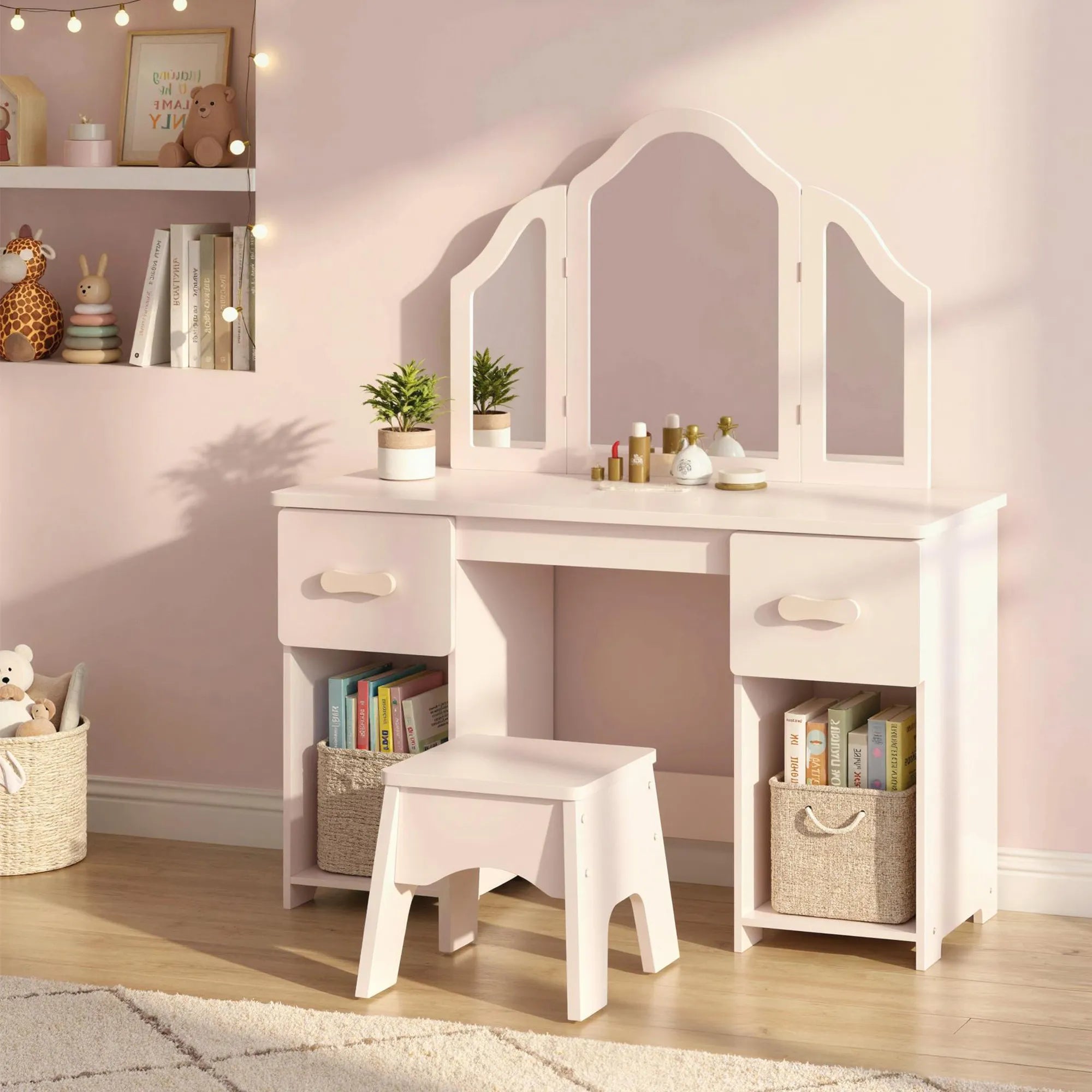 Vaikiškas kosmetinis staliukas su kėdute, 2-in-1, 3–6 m., rožinis