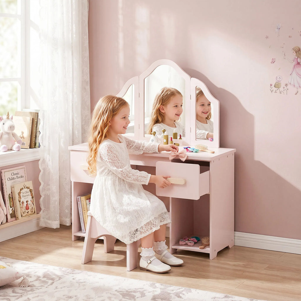 Vaikiškas kosmetinis staliukas su kėdute, 2-in-1, 3–6 m., rožinis