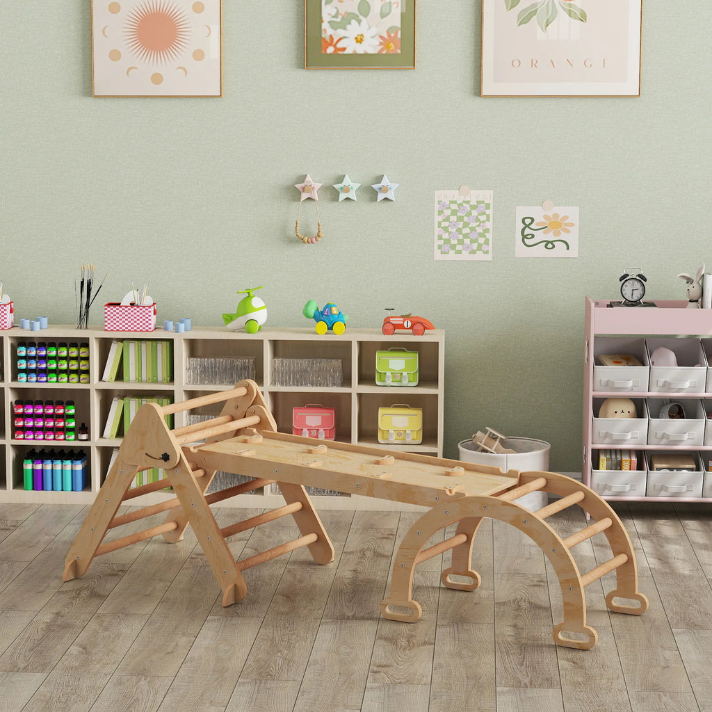 Vaikiškas laipynės rinkinys 7-in-1, su čiuožyne, 1,5–4 metų vaikams, natūralaus medžio