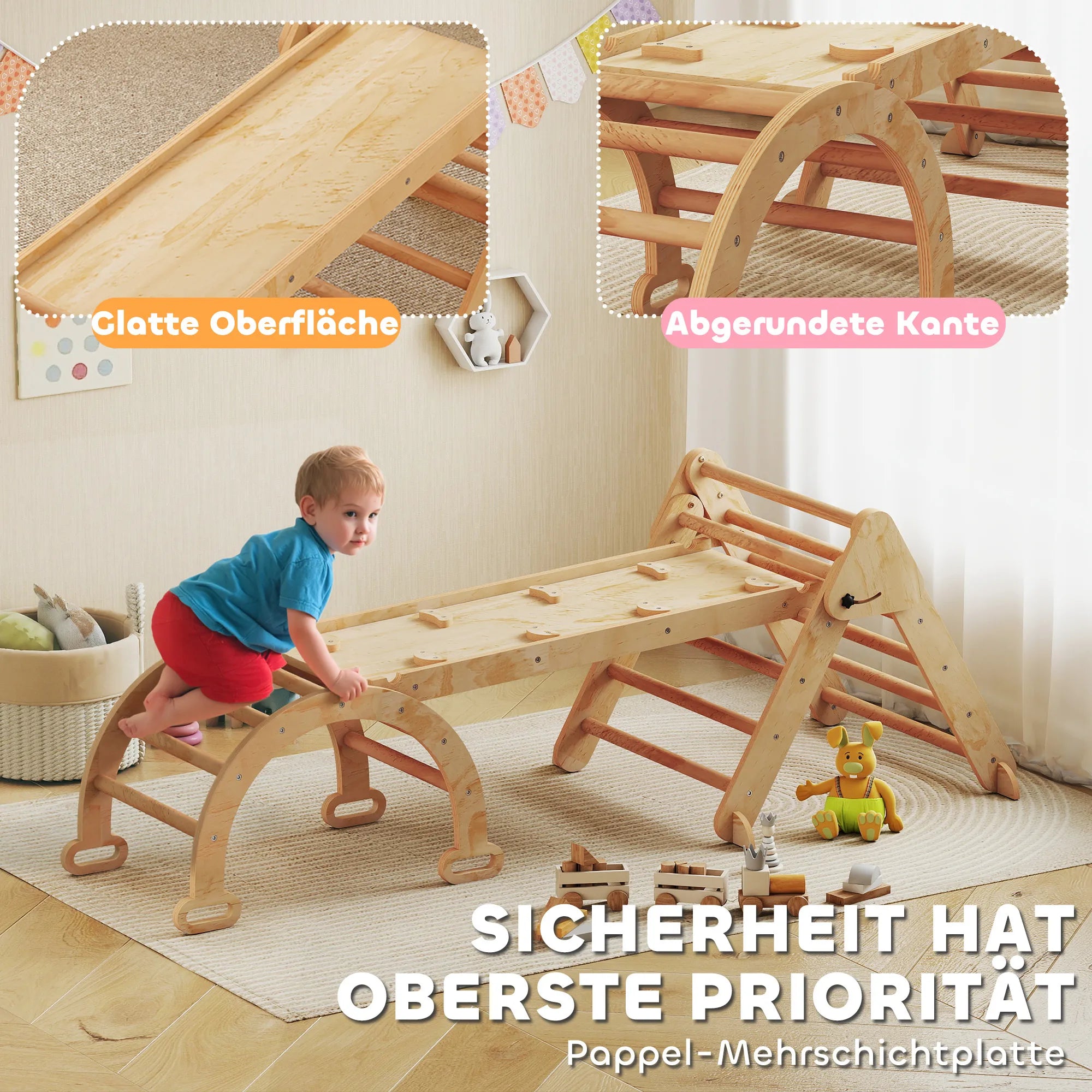 Vaikiškas laipynės rinkinys 7-in-1, su čiuožyne, 1,5–4 metų vaikams, natūralaus medžio