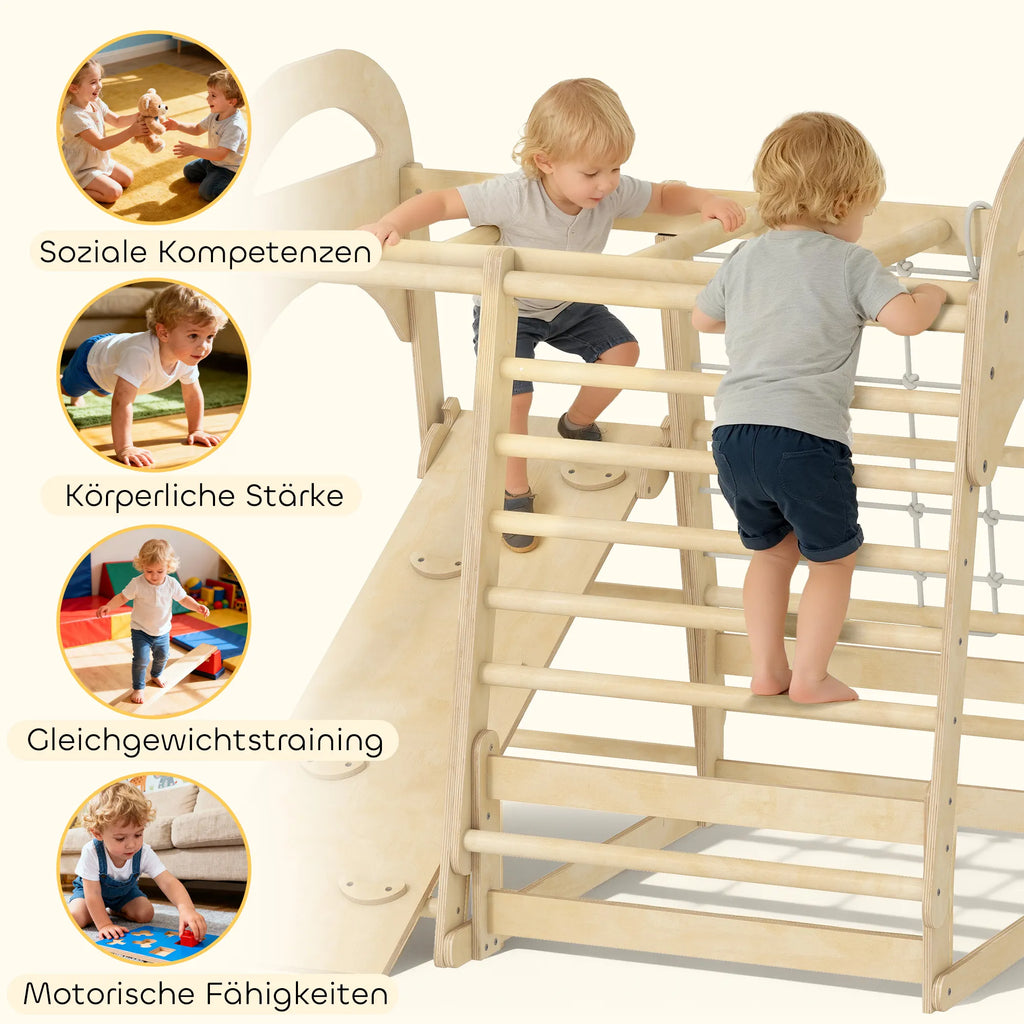 Vaikiškas laipynių kompleksas 6-in-1 su čiuožykla 3–6 metų vaikams, natūralaus medžio