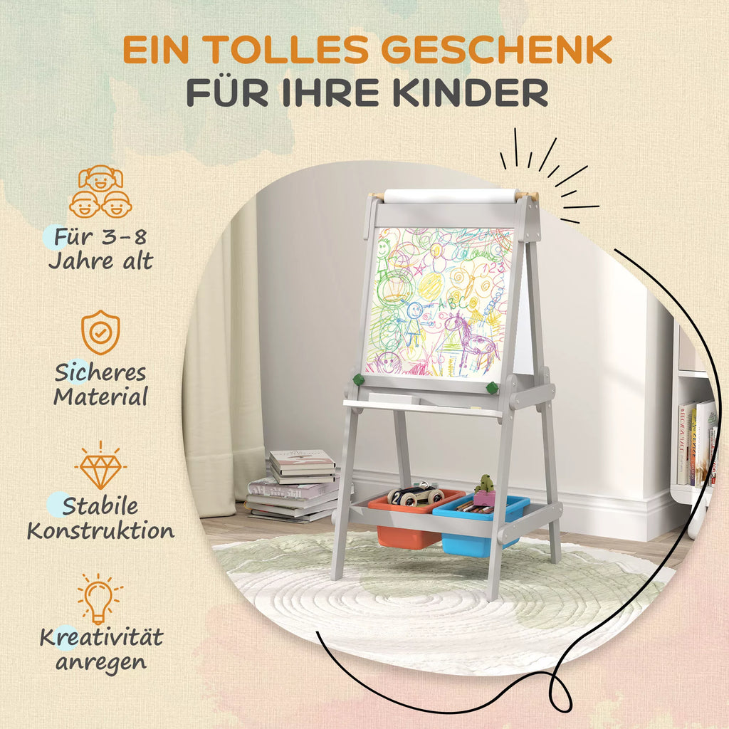 Vaikiškas molbertas lenta 3-in-1, kreidine ir balta lenta, pilka, 3-8 metams