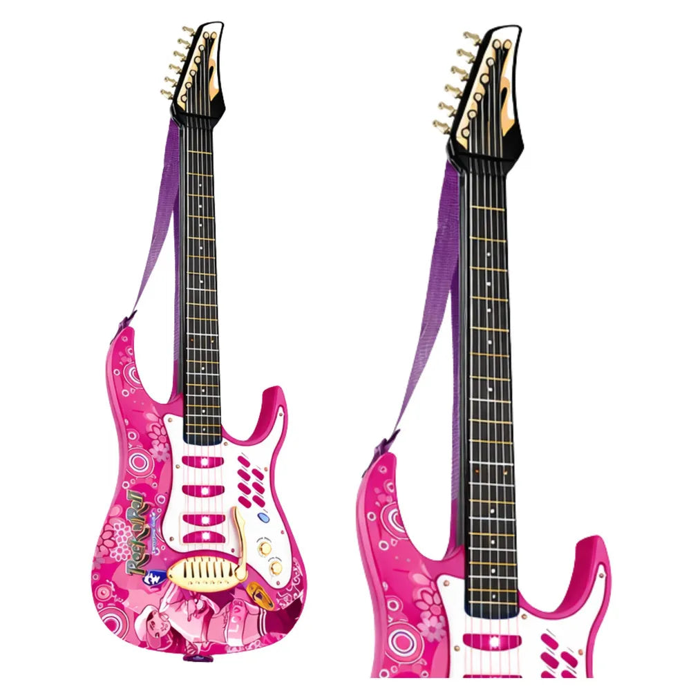 Vaikiškas muzikos instrumentų rinkinys Rock n Roll, 60–65 cm gitara, mikrofonas su stovu, garsiakalbis, rožinis