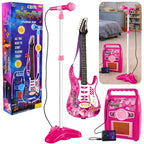 Vaikiškas muzikos instrumentų rinkinys Rock n Roll, 60–65 cm gitara, mikrofonas su stovu, garsiakalbis, rožinis