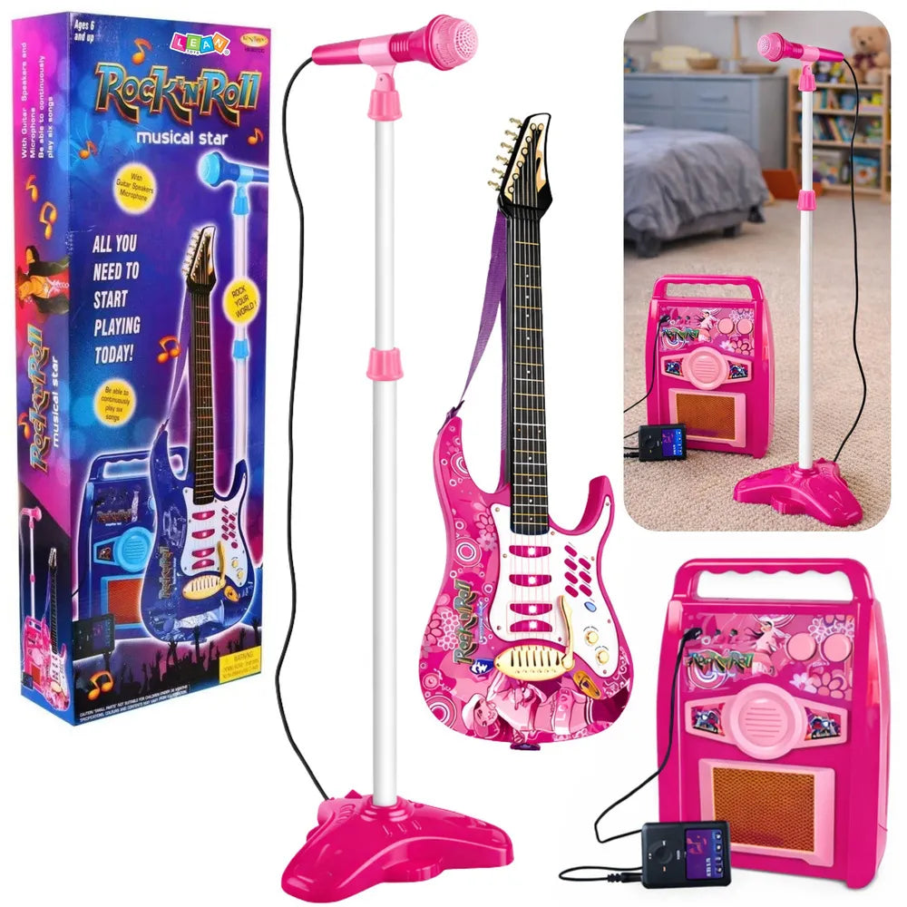 Vaikiškas muzikos instrumentų rinkinys Rock n Roll, 60–65 cm gitara, mikrofonas su stovu, garsiakalbis, rožinis