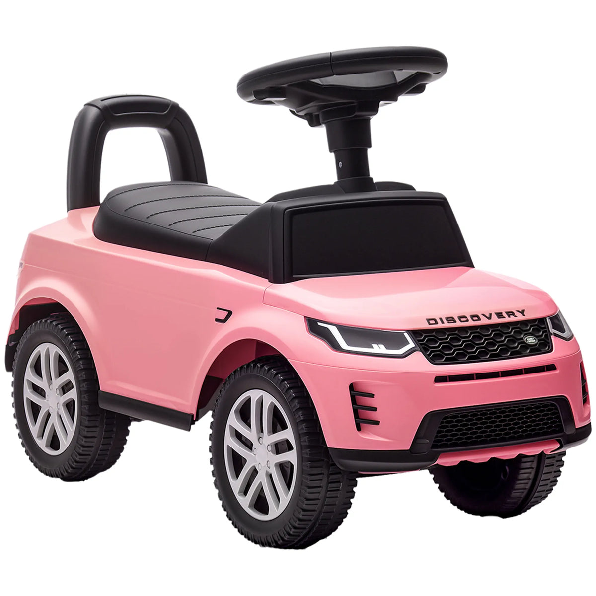 Rožinis vaikiškas Land Rover Discovery paspiriamas automobilis