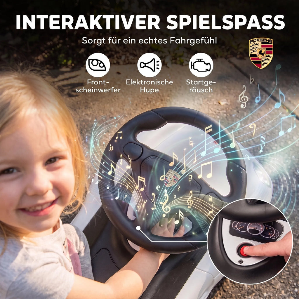 Vaikiškas pasispiriamas automobilis su šviesomis ir garsu, baltas