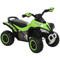 Žalias vaikiškas paspirtukas-mašinėlė ATV stiliaus baltame fone