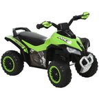 Žalias vaikiškas paspirtukas-mašinėlė ATV stiliaus baltame fone