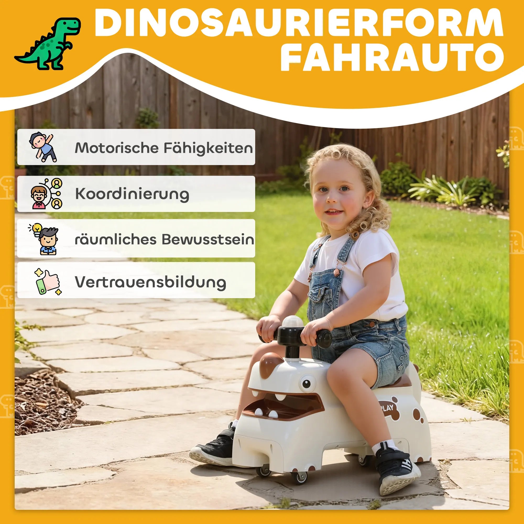 Vaikiškas paspirtukas-stumdukas Dinozauras, iki 25 kg, kreminės spalvos