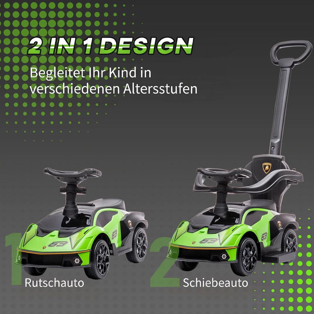 Vaikiškas paspirtukas-stumdukas Lamborghini 2-in-1, 18–36 mėn., žalias
