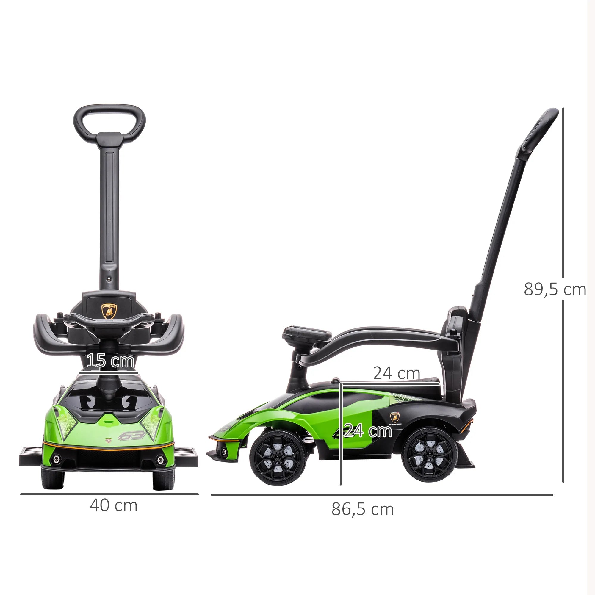Vaikiškas paspirtukas-stumdukas Lamborghini 2-in-1, 18–36 mėn., žalias