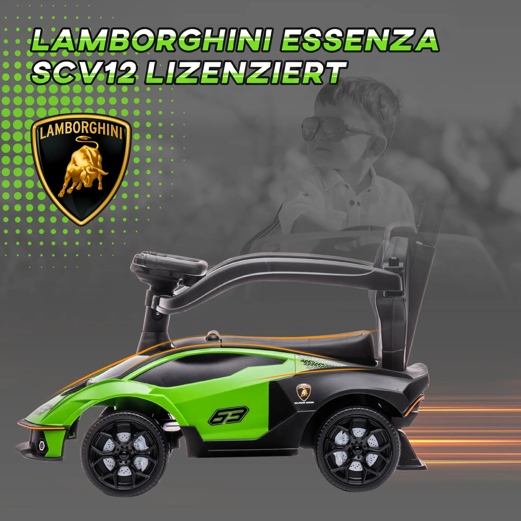 Vaikiškas paspirtukas-stumdukas Lamborghini 2-in-1, 18–36 mėn., žalias