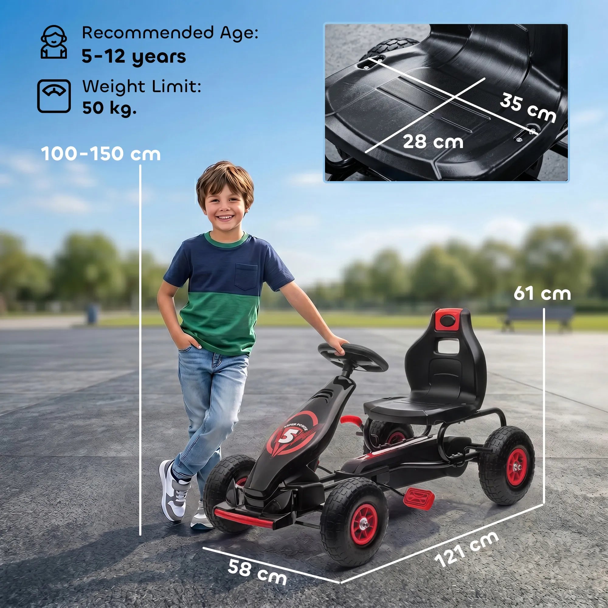 Vaikiškas pedalinis kartingas nuo 5 metų, reguliuojama sėdynė, raudonas