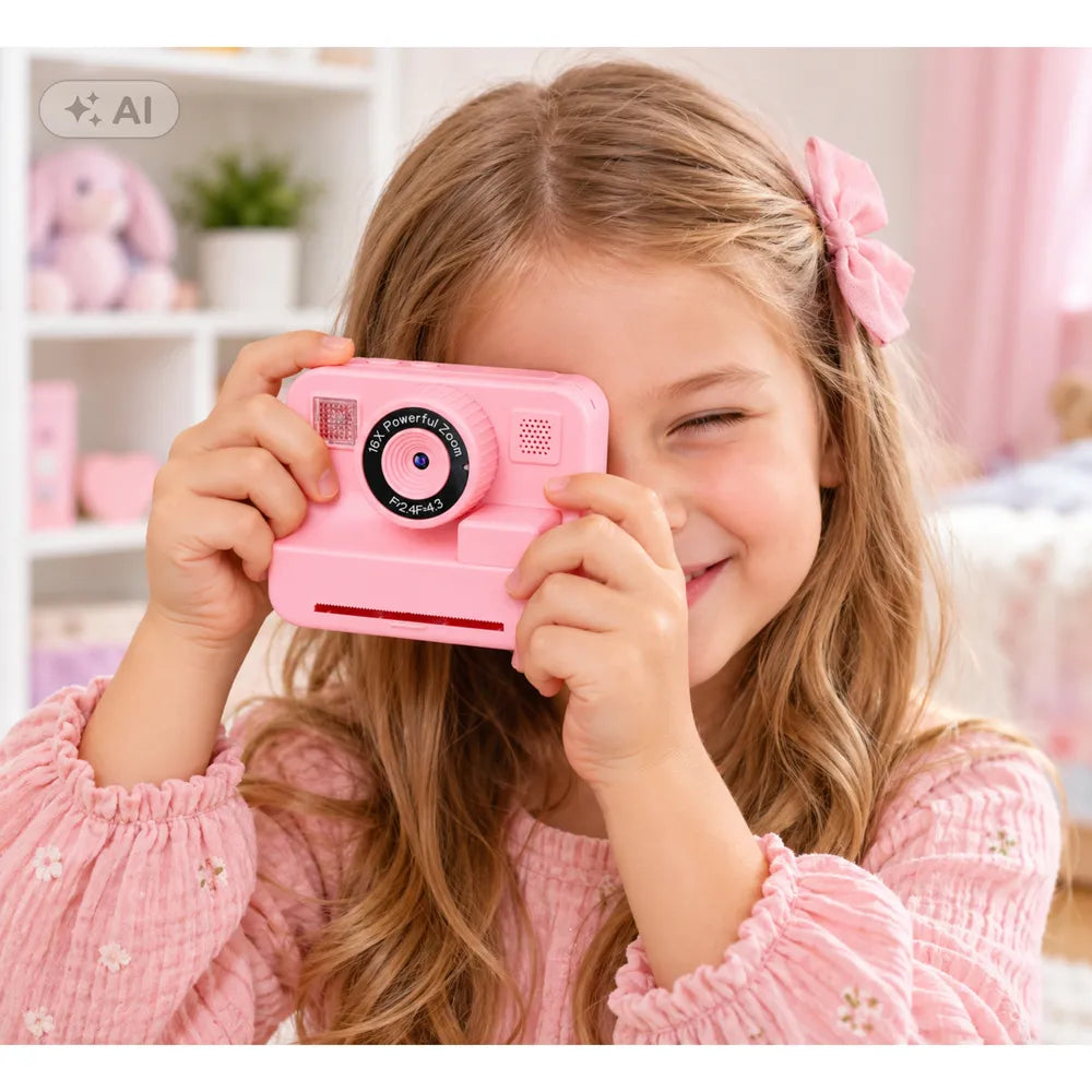Mergaitė fotografuoja rožiniu vaikišku fotoaparatu kambaryje