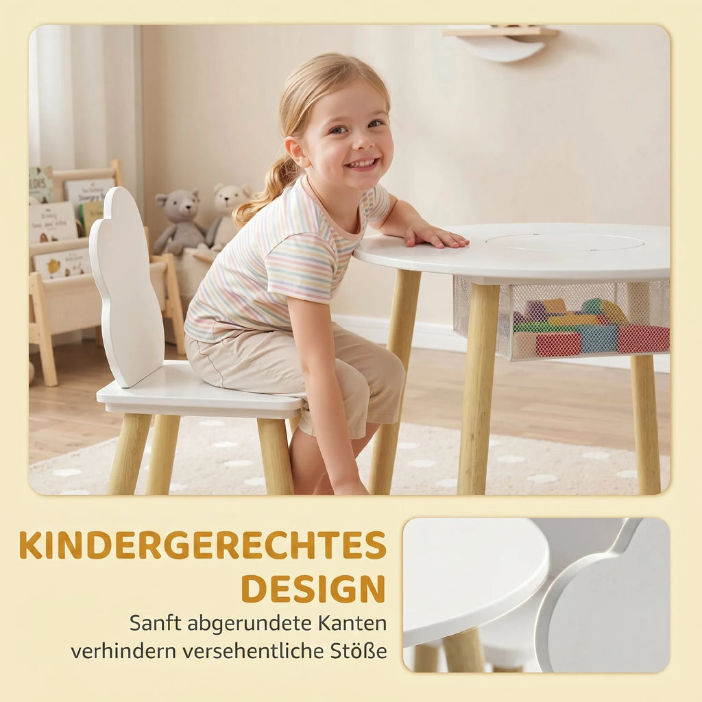 Vaikiškas staliukas su 2 kėdėmis ir saugykla, 3–6 metų vaikams, baltas