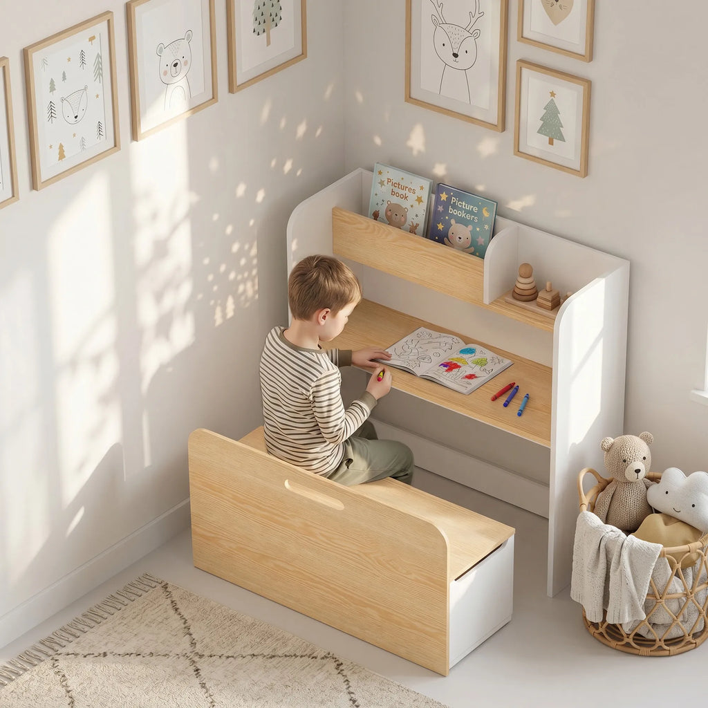 Vaikiškas staliukas su suolu 5-in-1, su lentyna, 3–8 metų vaikams, baltas