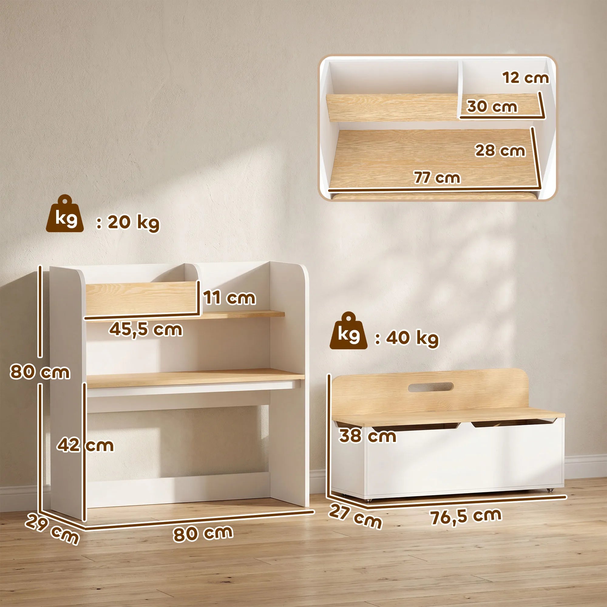 Vaikiškas staliukas su suolu 5-in-1, su lentyna, 3–8 metų vaikams, baltas