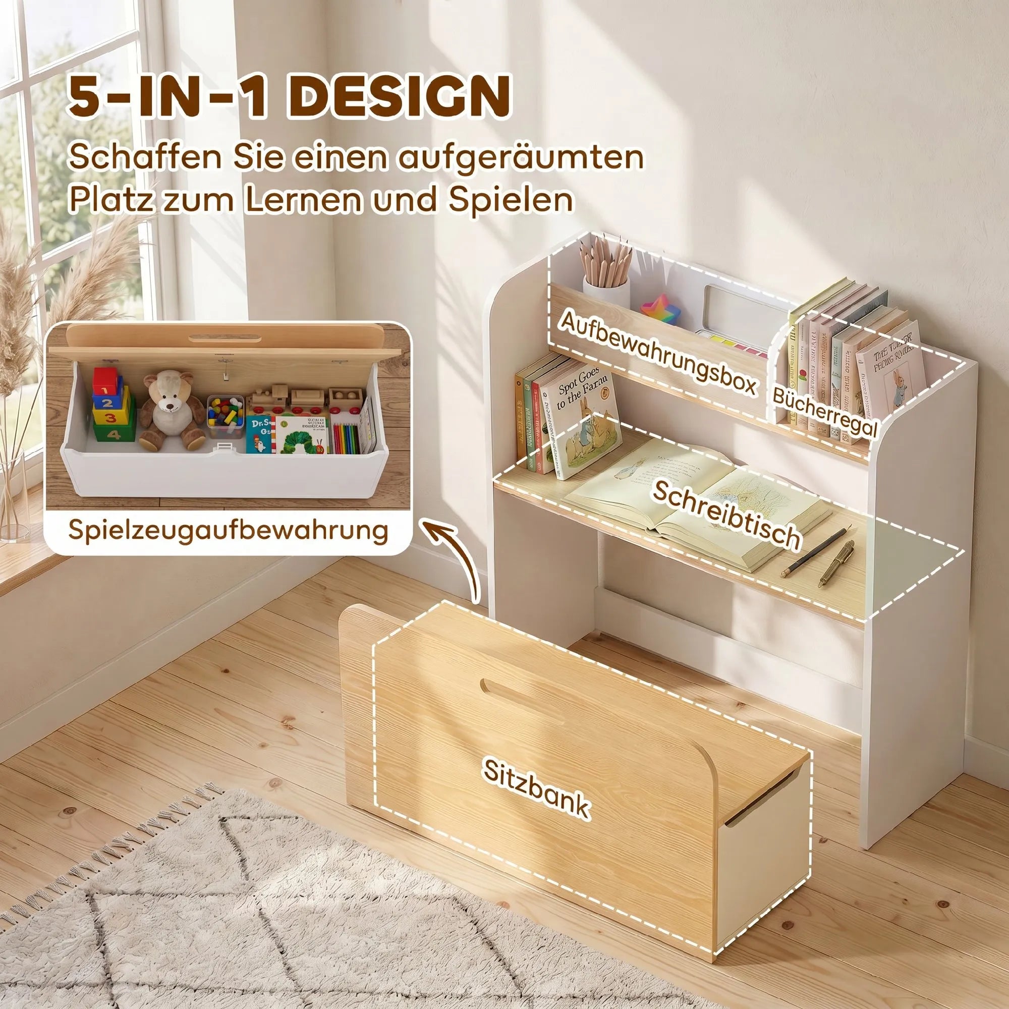 Vaikiškas staliukas su suolu 5-in-1, su lentyna, 3–8 metų vaikams, baltas