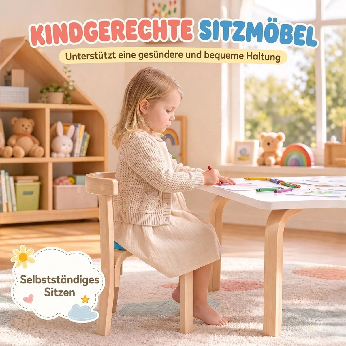 Mergaitė sėdi ant kėdės piešdama prie balto stalo šviesiame kambaryje