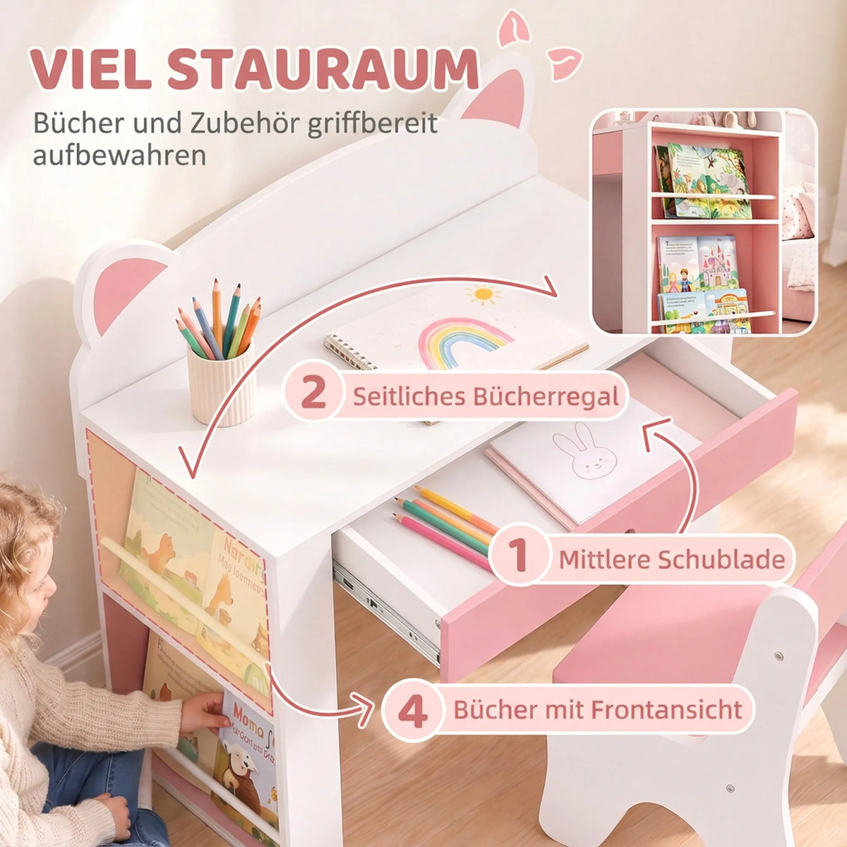 Schema, rodanti stalčių ir šoninę knygų lentyną su žaislais