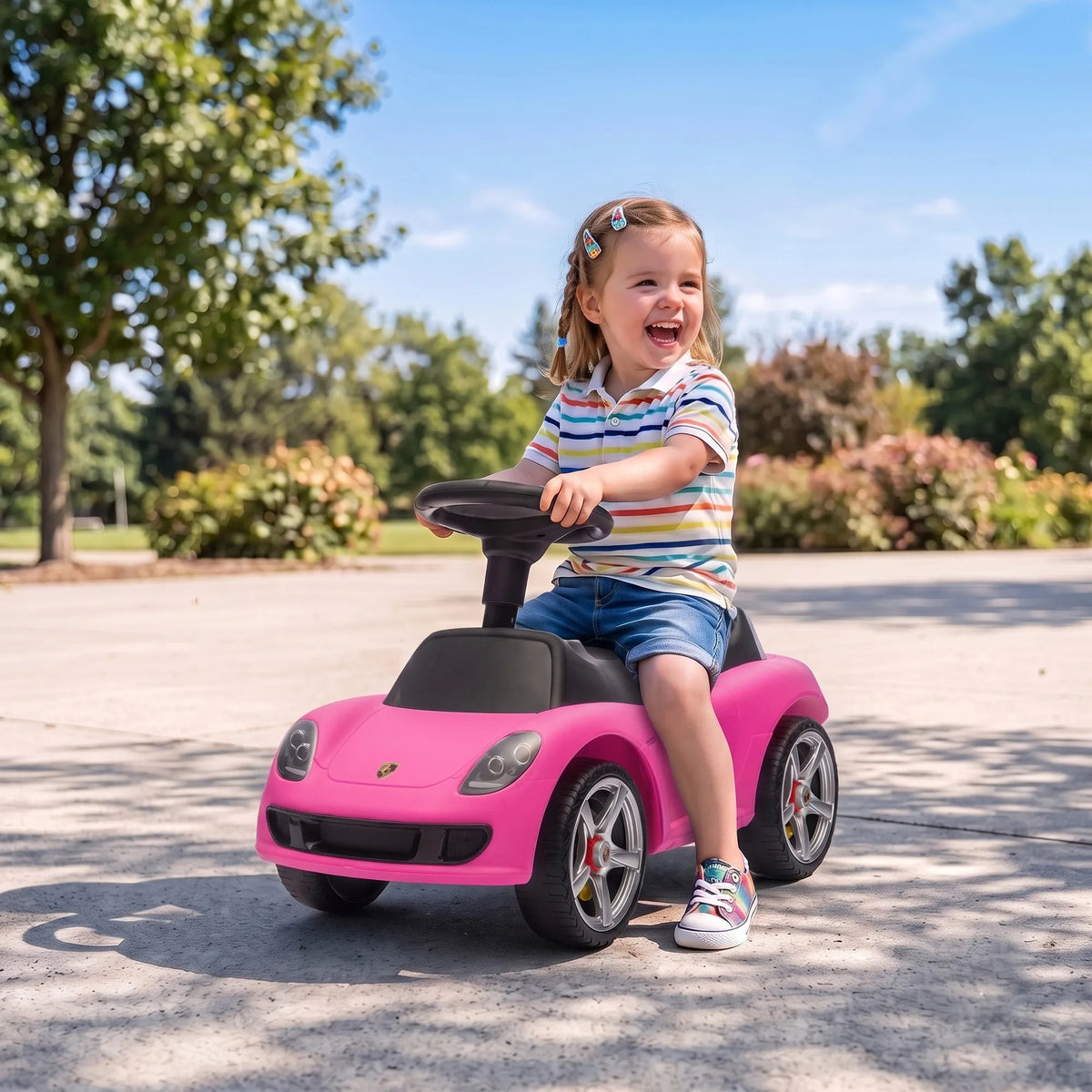Vaikiškas stumdomas automobilis, rožinis, su šviesomis ir garsu