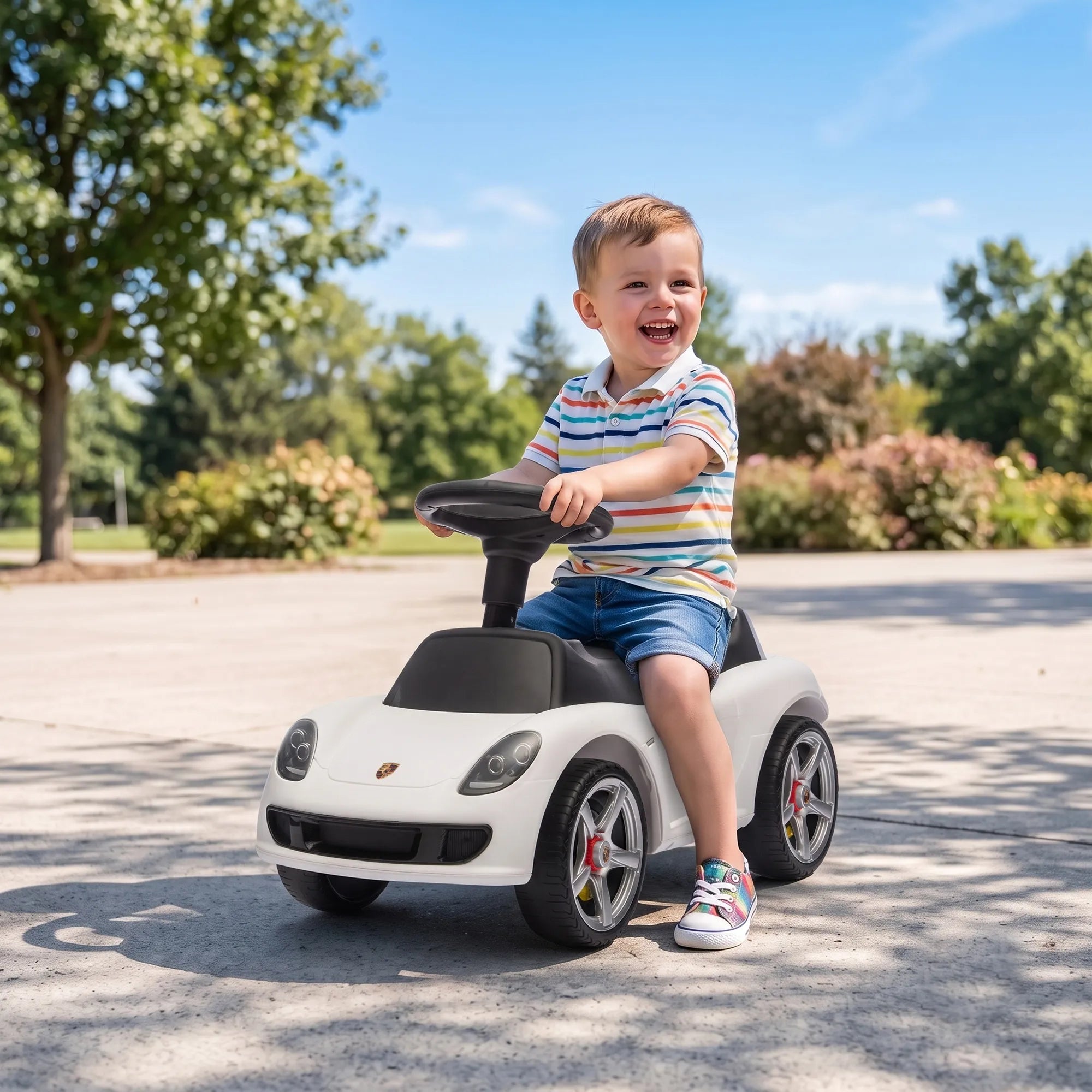 Berniukas važiuoja baltu stumduku-automobiliu asfaltuotu taku