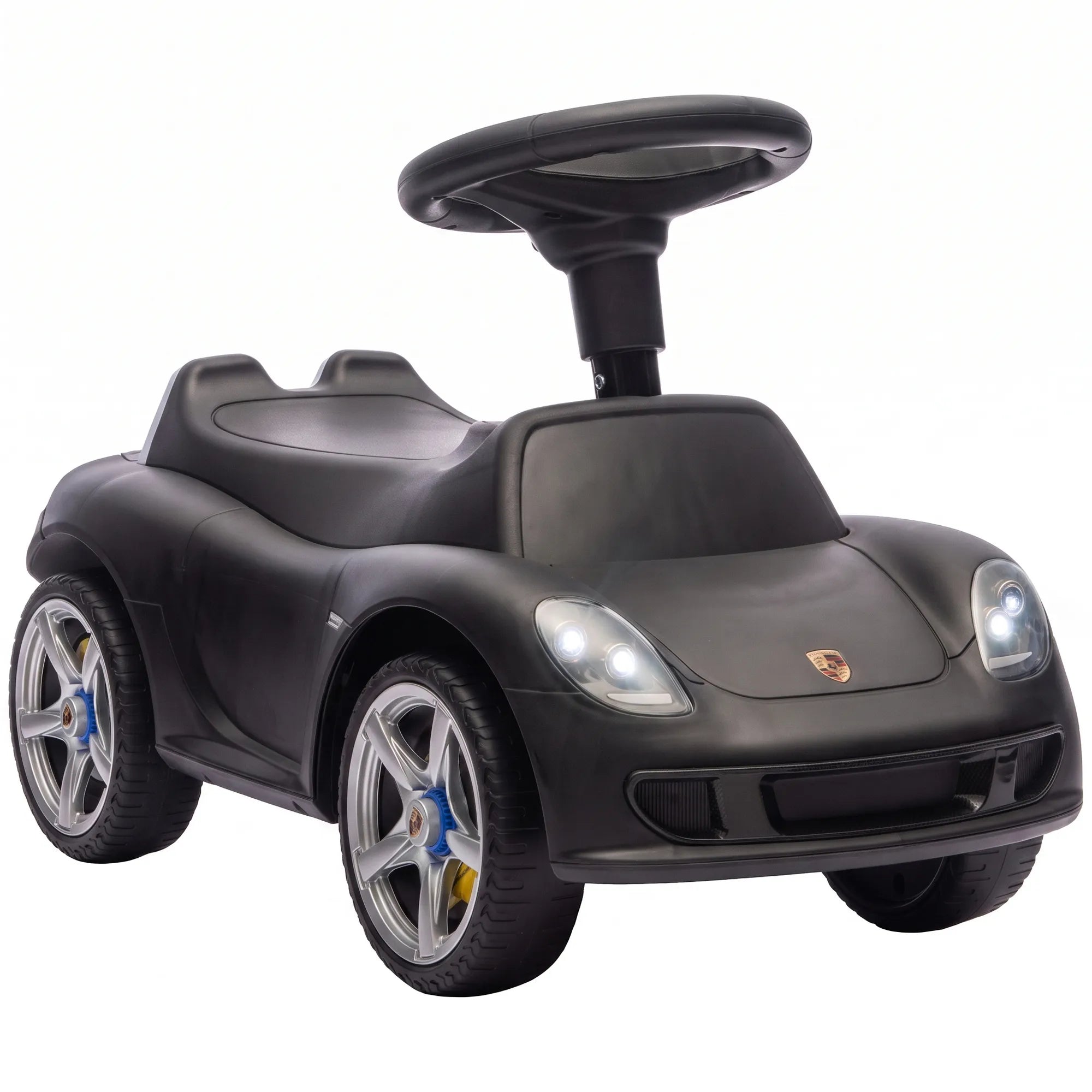 Matinis juodas vaikiškas stumdukas-automobilis su vairu baltame fone