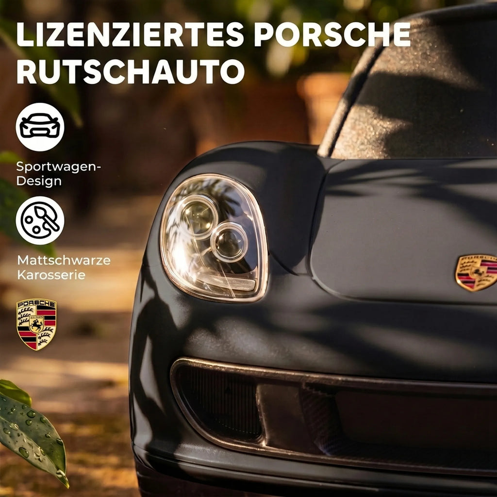 Priekinis žibintas ir Porsche ženkliukas ant matinio juodo kėbulo artimu planu
