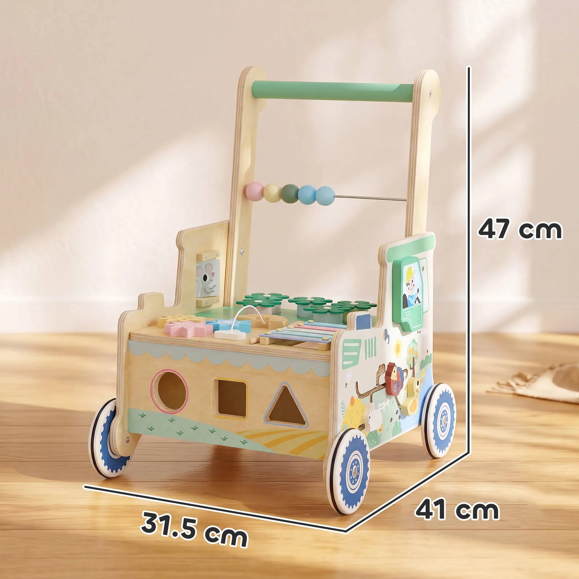 Vaikiškas stumdukas su kaladėlėmis, daiktadėže ir Montessori veiklomis, 1–3 metų, žalias