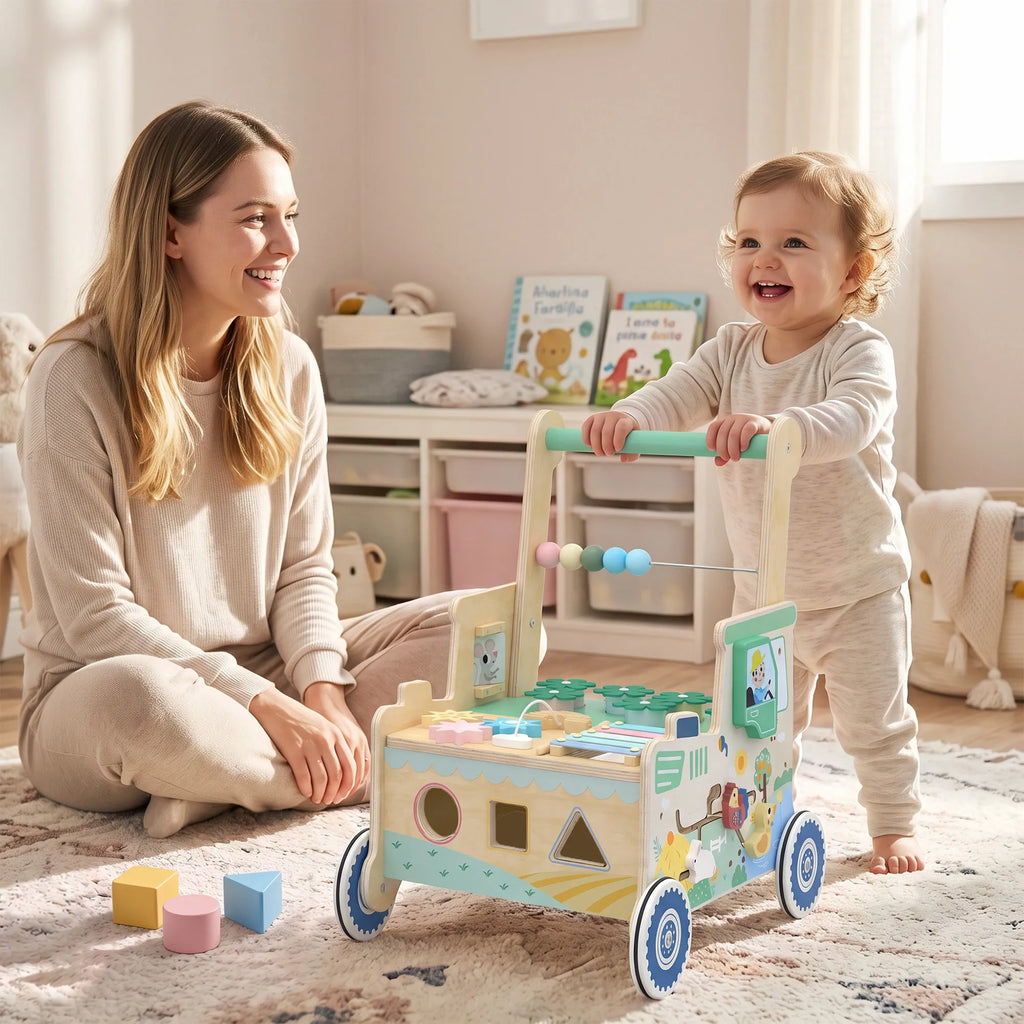 Vaikiškas stumdukas su kaladėlėmis, daiktadėže ir Montessori veiklomis, 1–3 metų, žalias