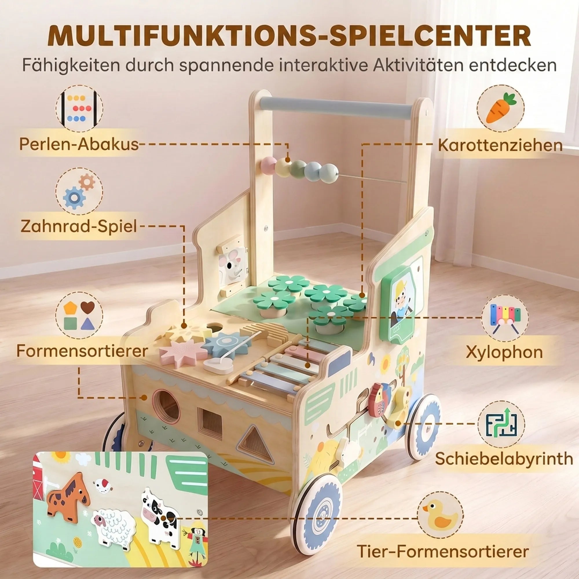 Vaikiškas stumdukas su kaladėlėmis, daiktadėže ir Montessori veiklomis, 1–3 metų, žalias
