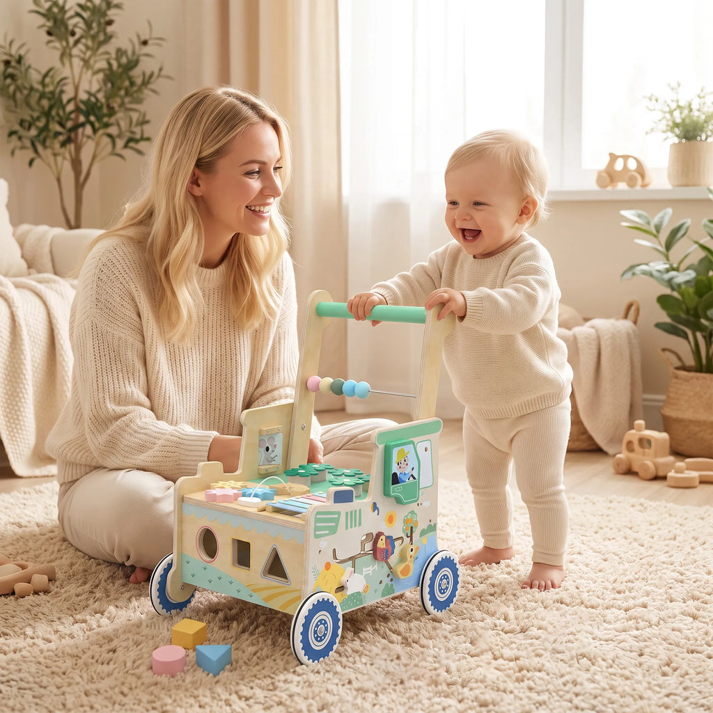 Vaikiškas stumdukas su kaladėlėmis, daiktadėže ir Montessori veiklomis, 1–3 metų, žalias