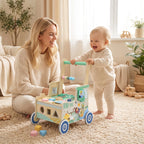 Vaikiškas stumdukas su kaladėlėmis, daiktadėže ir Montessori veiklomis, 1–3 metų, žalias